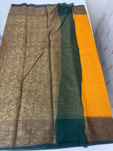 Semi silk saree with checks zari weaving MS81543 - Mustard to Green