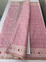 Tissue linen saree with embroidery MTL451 Pink