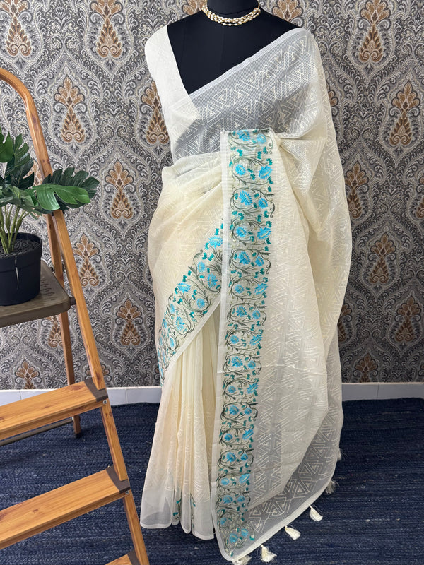 Phulkari NetKota Embroidery saree - OffWhite MNK8765