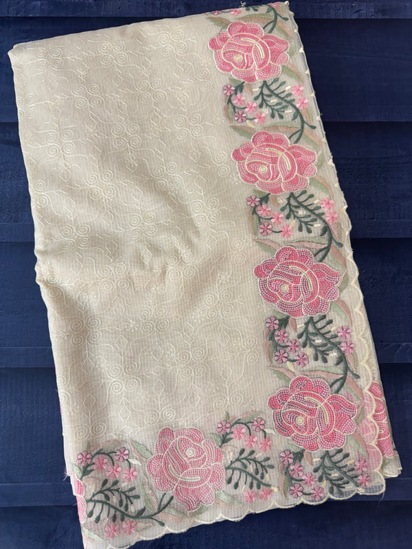 Phulkari NetKota embroidery saree - MSH107 Offwhite to Pink