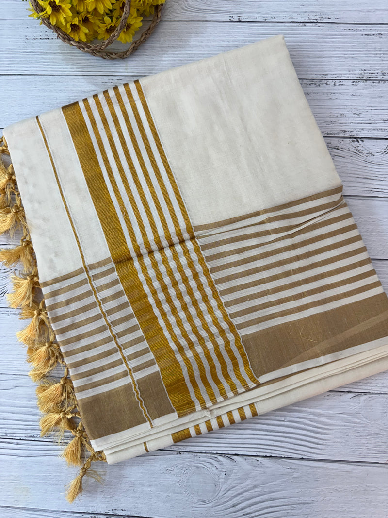 Kerala cotton saree  with one side thick border- Gold