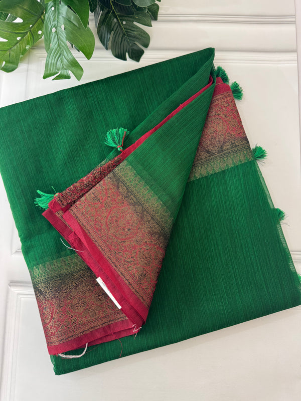 Jute silk sarees with contrast pallu & blouse MJL331 Green to MaroonRed