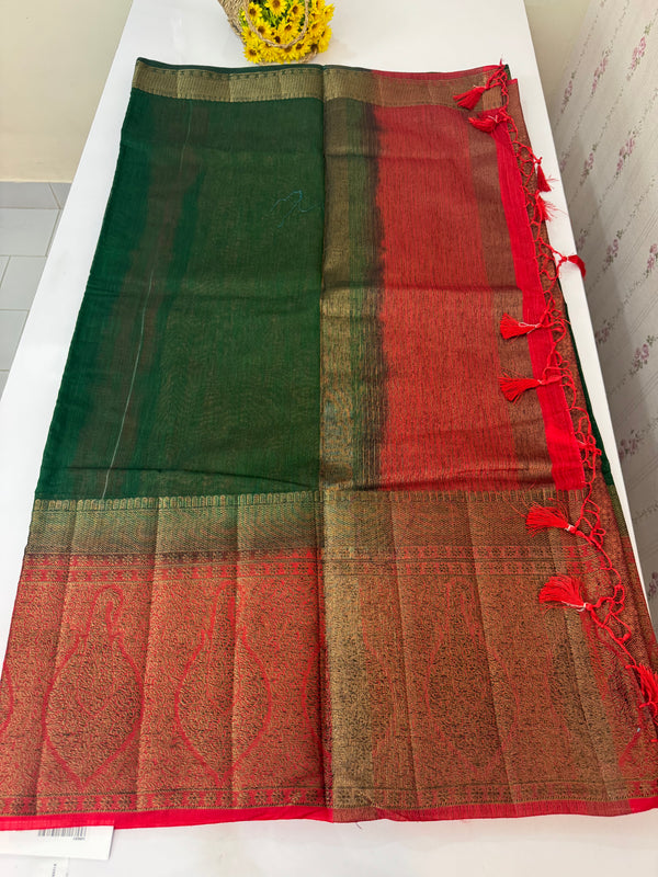 Jute silk sarees with contrast pallu & brocade blouse MJL877- DarkCream to Maroon