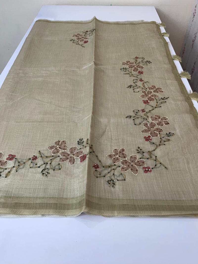 Soft Tissue linen saree with kanta embriodery saree FBLK72 - DuskyGreen