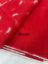 Soft kota checks saree with embroidery - FKSF138 Red