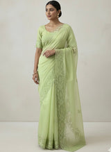 Mul chanderi saree with applique borders MSH111- PastelGreen