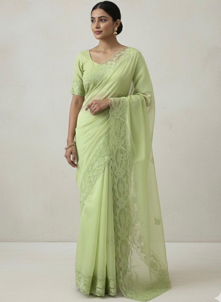Mul chanderi saree with applique borders MSH111- PastelGreen