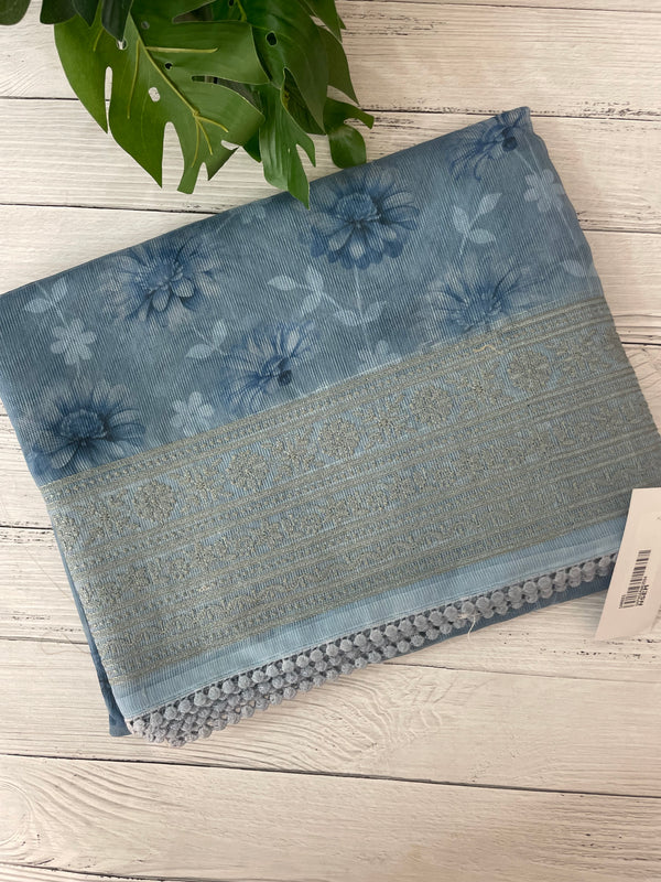 Supernet saree with digital prints and chikankari border SKFNSEM