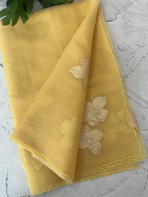 Soft Organza tissue Applique work saree MSLK116 PastelYellow