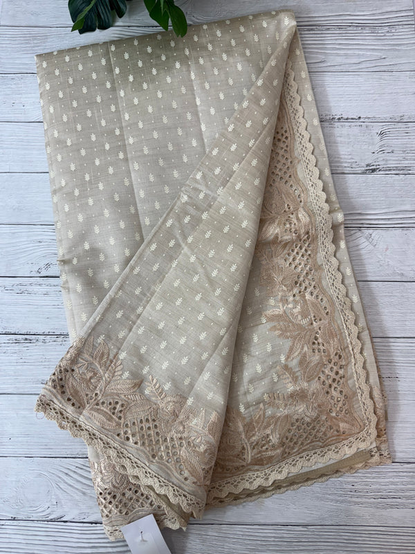 Cutwork blended tussar saree   - Cream MS5222