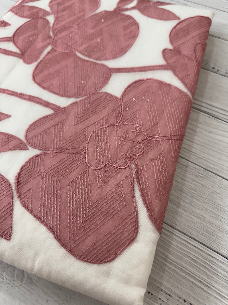 Kota Chanderi saree with kanta embriodery borders and  applique work on pallu MCBS699- White to DuskyPeach