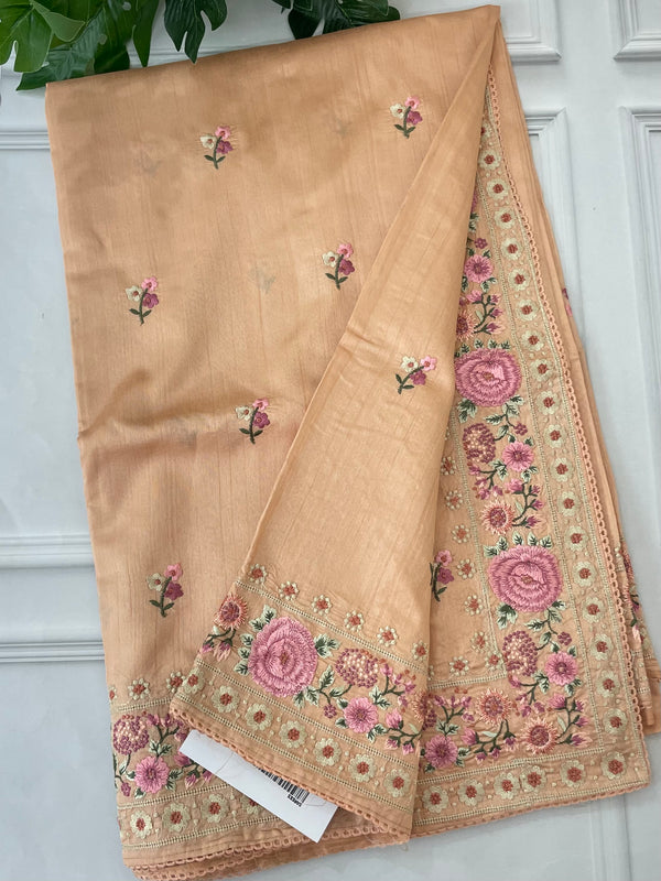 Blended tussar saree with floral embroidery- BISTNRIY PastelPeach