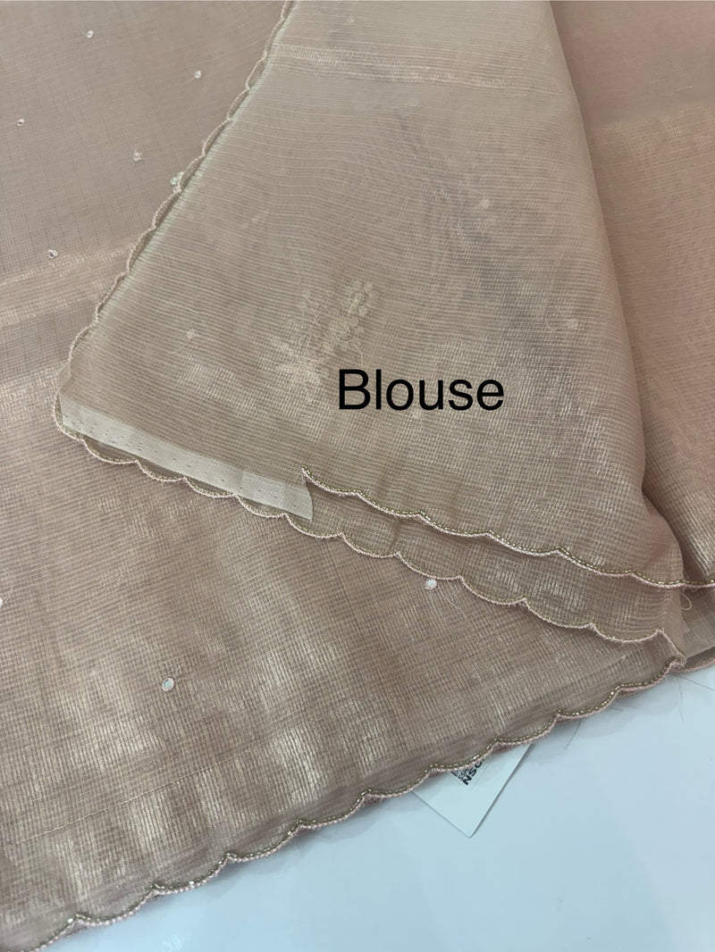 Tissue silk saree with foil work and cutdana scalloped border MTSS432- NudePink