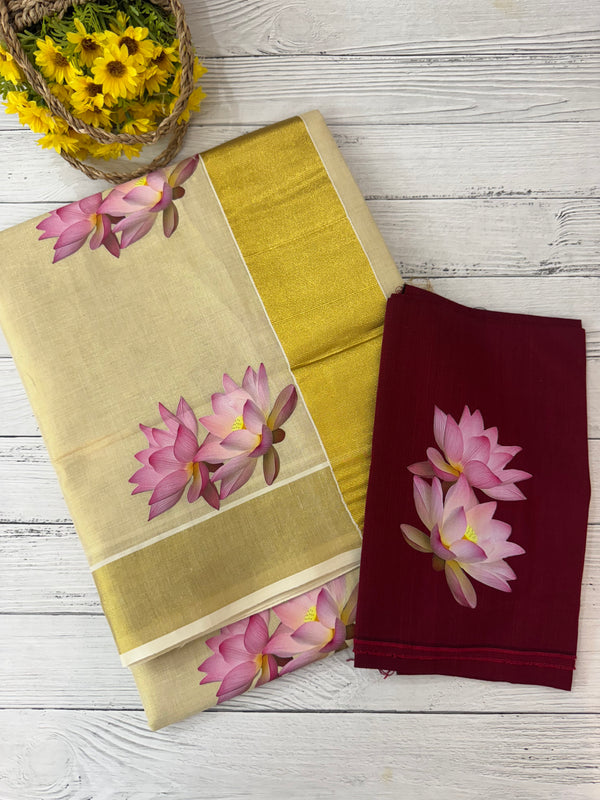 Kerala Lotus tissue saree -Maroon Blouse