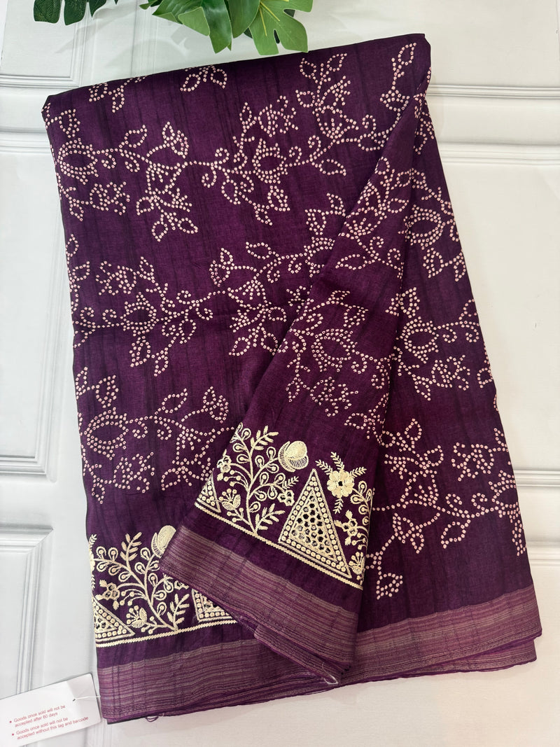 Blended Bandhani tussar silk saree with cutwork MTBF314 Purple