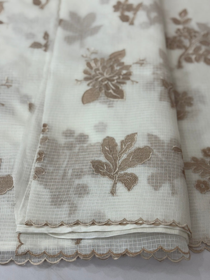 Soft kota silk saree with applique embroidery and scalloped border MS15232- Offwhite