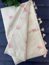 Mul chanderi saree with embriodery MSH114- Pink flowers