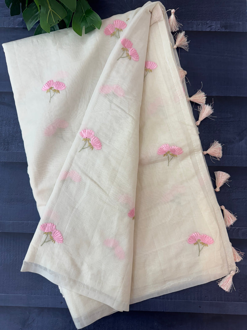 Mul chanderi saree with embriodery MSH114- Pink flowers