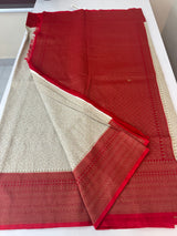 Semi katan Banarasi saree with antique zari weaving MSKZ248 Offwhite & Red