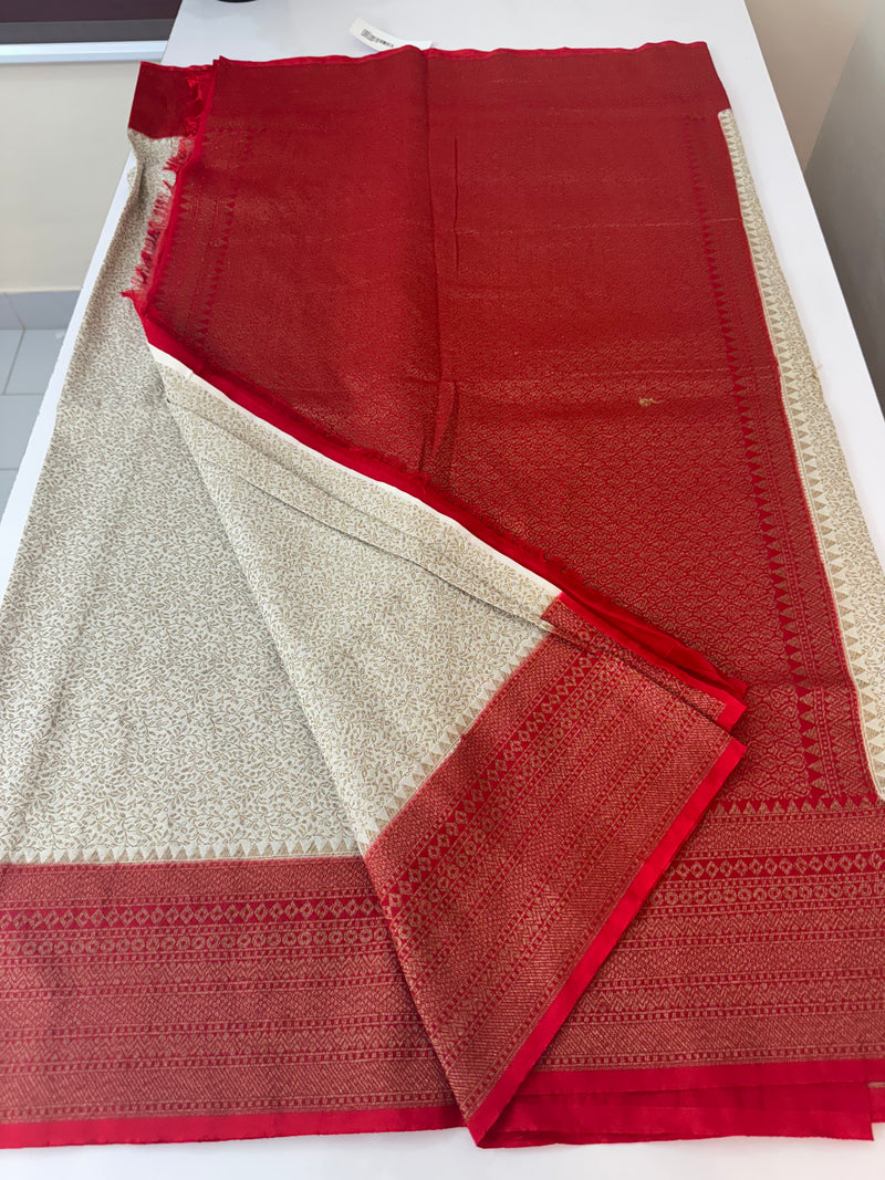 Semi katan Banarasi saree with antique zari weaving MSKZ248 Offwhite & Red