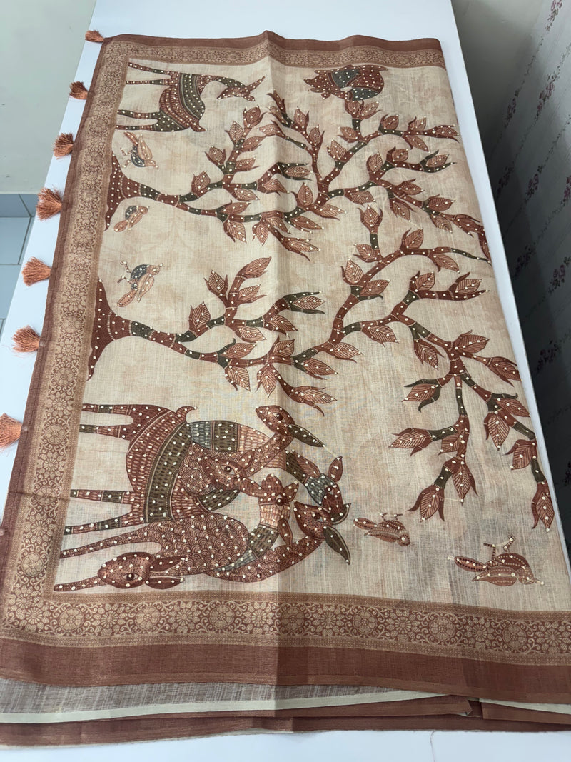 Blended linen saree with knotted embroidery and digital prints MLS4545