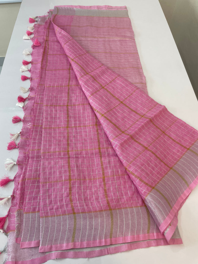 Pure Linen zari check saree MLS7867 PINK