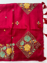 Crushed Blended tussar silk saree with embroidery- SNFCYEY DarkPink
