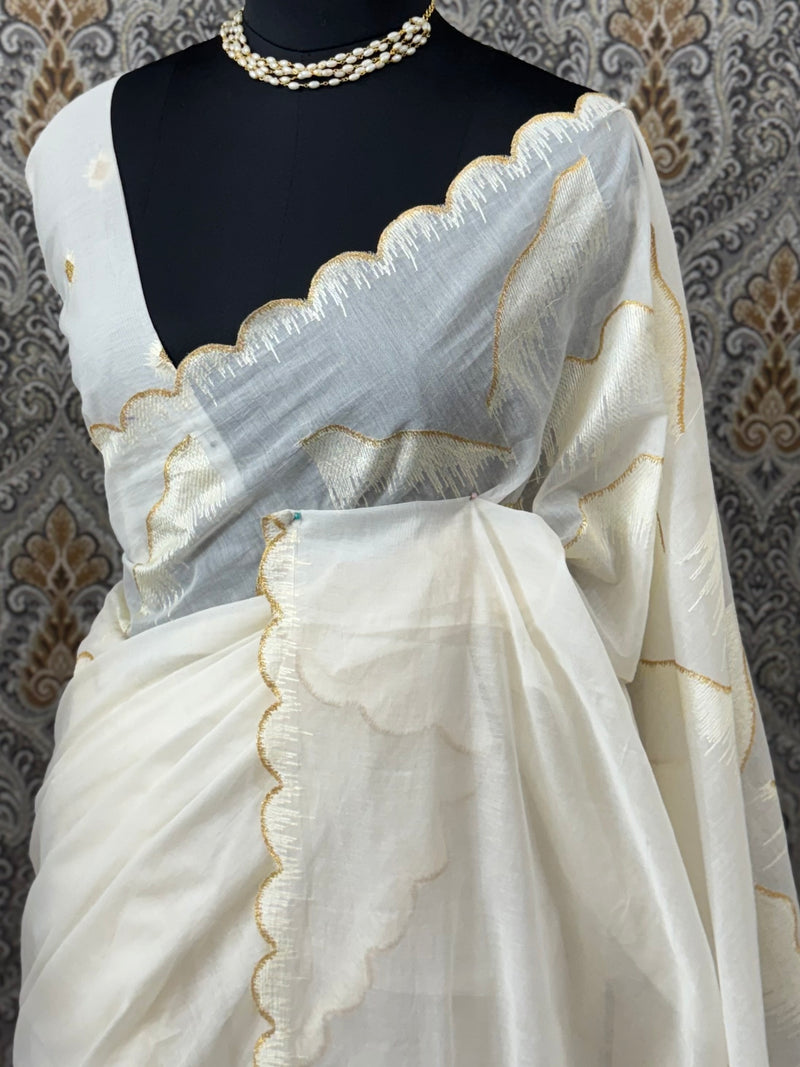 Mul chanderi embriodery saree with scalloped borders MCBS654