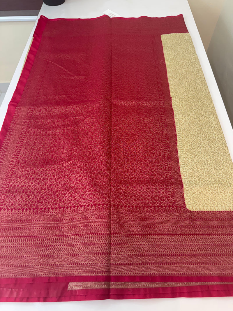 Semi katan Banarasi saree with antique zari weaving MSKZ249 Cream & RaniPink