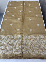 Art silk saree with embroidery- MS1090 Chiku