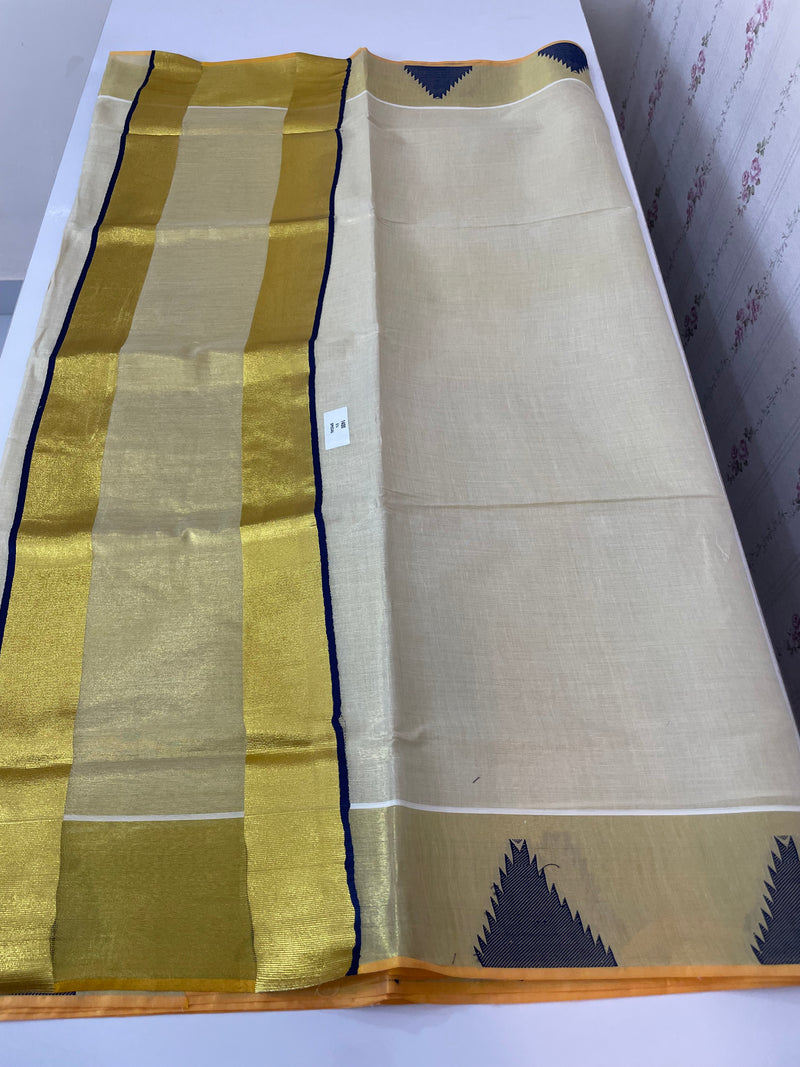 Kerala gold tissue saree with temple border - DarkBlue