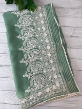 Chikankari Georgette - Organza saree with  MS15768 Jade Green