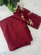 Plain crushed chiffon georgette saree with handworked blouse - MCB657 Maroon