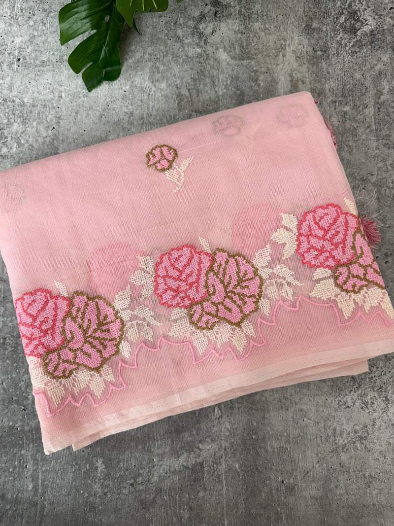 Supernet saree with cross stitch embroidery MSH116- Pink