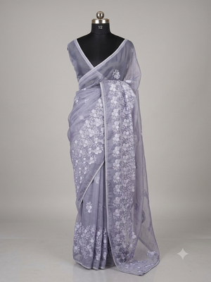 Glass tissue organza saree with embroidery MSF121 GreyishBlue(2)