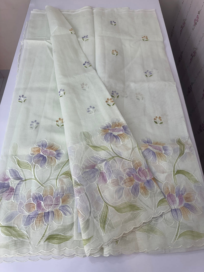 Supernet saree with embroidery and handpainting MSH104- PastelGreen