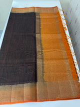 Jute silk sarees with contrast pallu & blouse MJL396 Black to Mustard