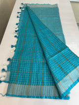 Pure Linen zari check saree MLS7869 BLUE