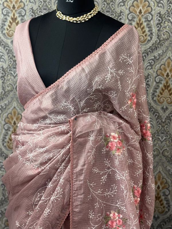 Soft kota checks saree with embroidery - SVPIRR DuskyMauve