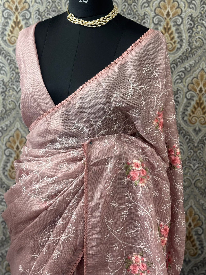 Soft kota checks saree with embroidery - SVPIRR DuskyMauve