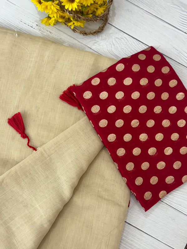 Semi linen saree with banarasi brocade blouse MLS6546 - Red