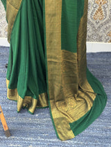 Crepe Banarasi viscose Georgette saree with brocade blouse MS953211- BottleGreen