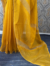 Supernetsaree with crochet work and lace border MCJ5433 - Mustard (Design - Diagonal Crochet)