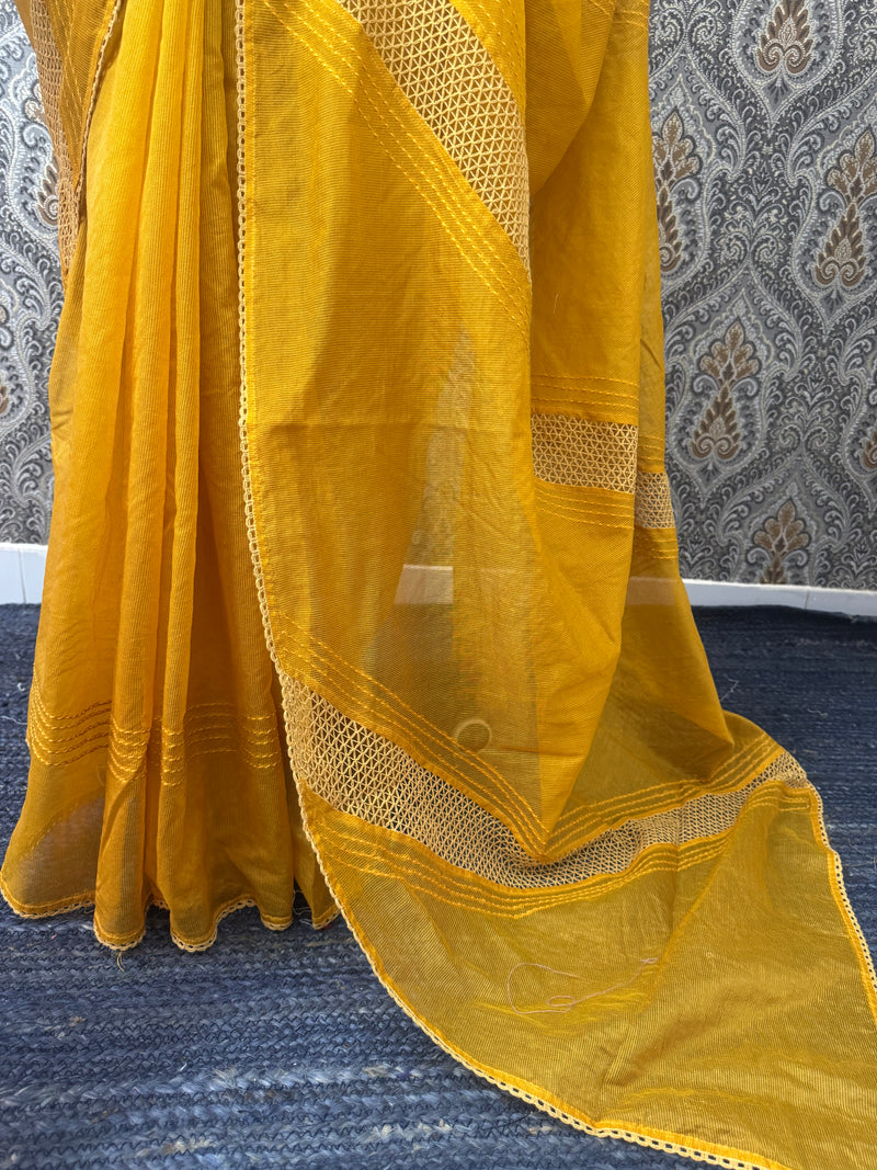 Supernetsaree with crochet work and lace border MCJ5433 - Mustard (Design - Diagonal Crochet)