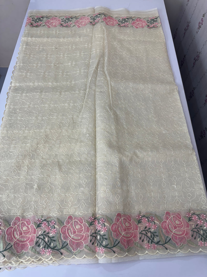 Phulkari NetKota embroidery saree - MSH107 Offwhite to Pink