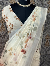 Handworked floral digital printed semi Linen Saree MLS611