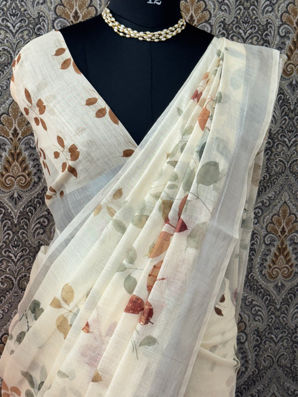 Handworked floral digital printed semi Linen Saree MLS611