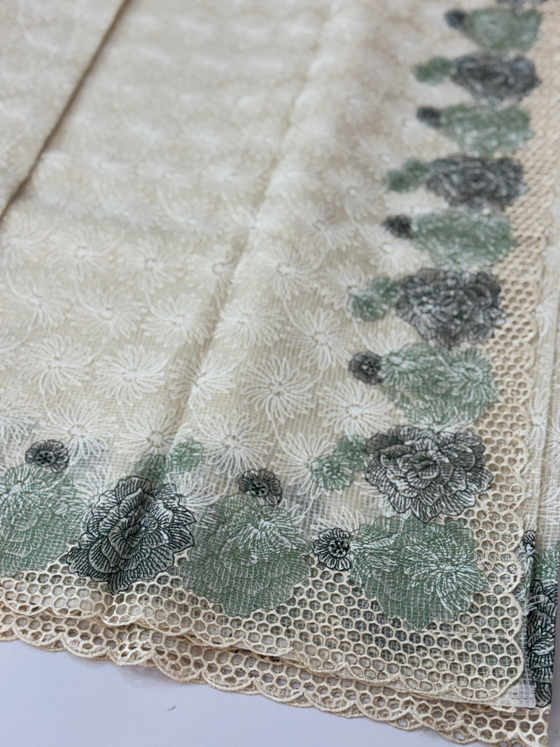 Cutwork Phulkari NetKota Embroidery saree - OffWhite