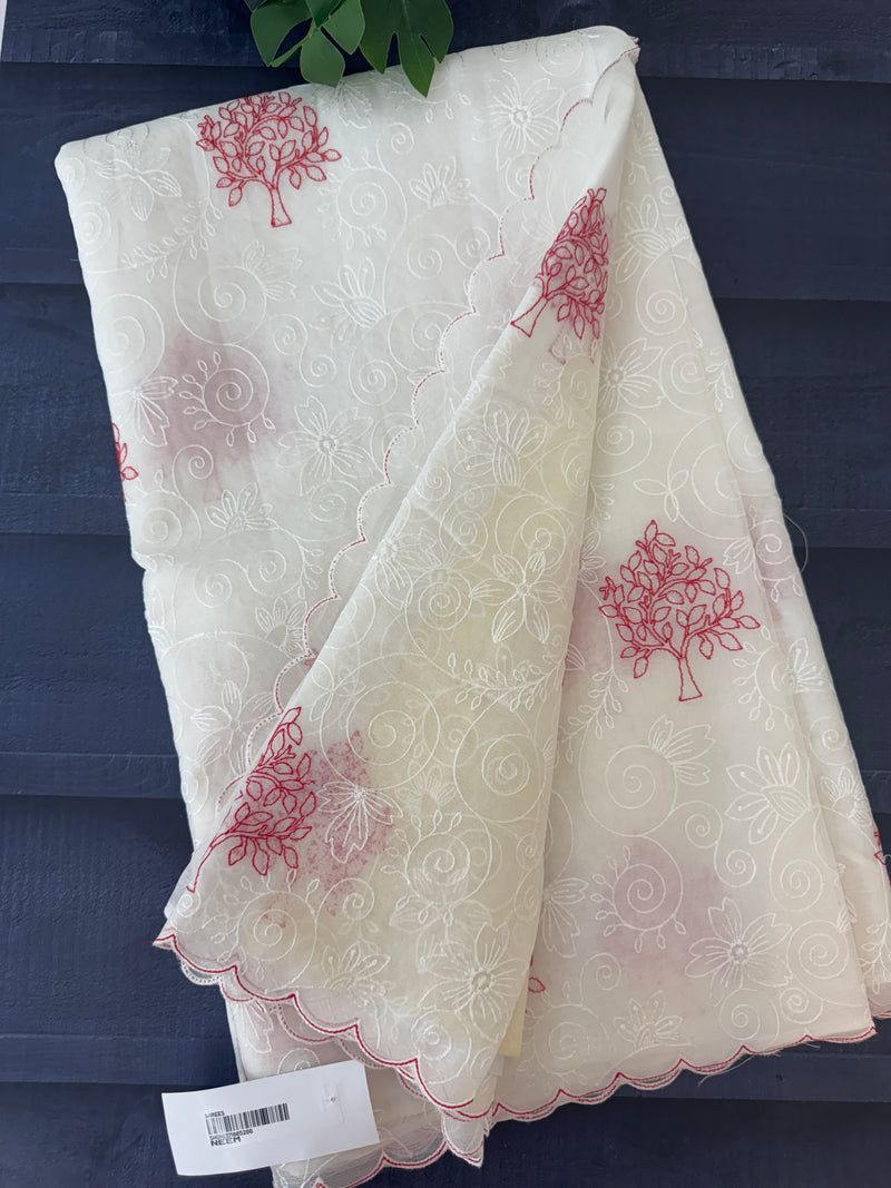 Soft organza saree with embroidery  MOS80  White & Red