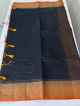 Jute silk sarees with contrast pallu & blouse MJL396 Black to Mustard